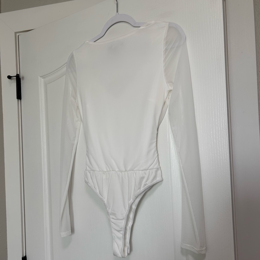Lulus Sheer Confidence White Mesh Ruched Long Sleeve Bodysuit - Size S - Picture 4 of 4